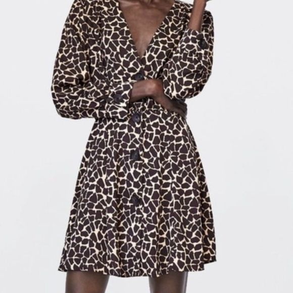 Zara Giraffe Brown Animal Print V-Neck Long Sleeve Button Up Mini Dress - Picture 5 of 10